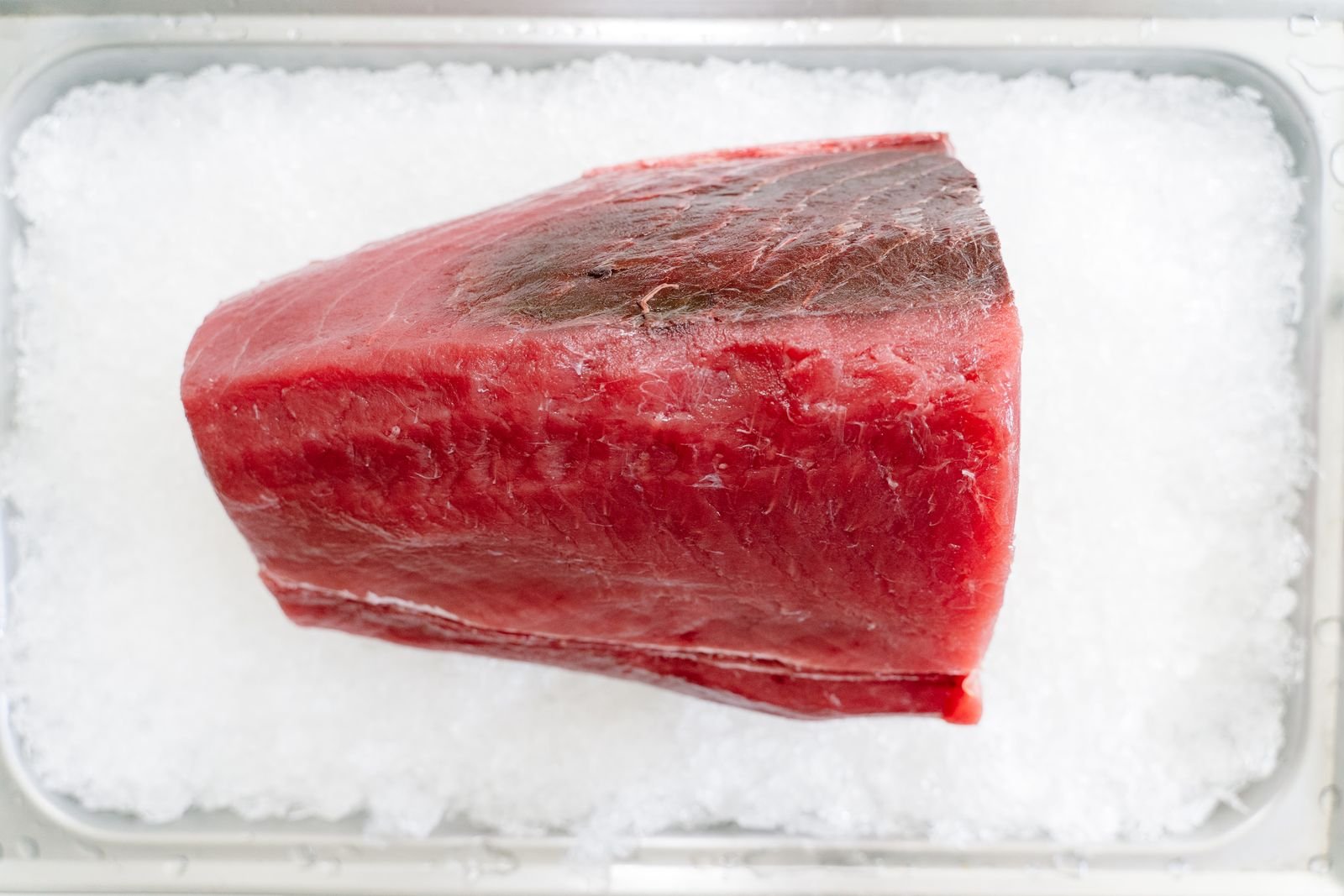 Fresh tuna loin presented on crushed ice